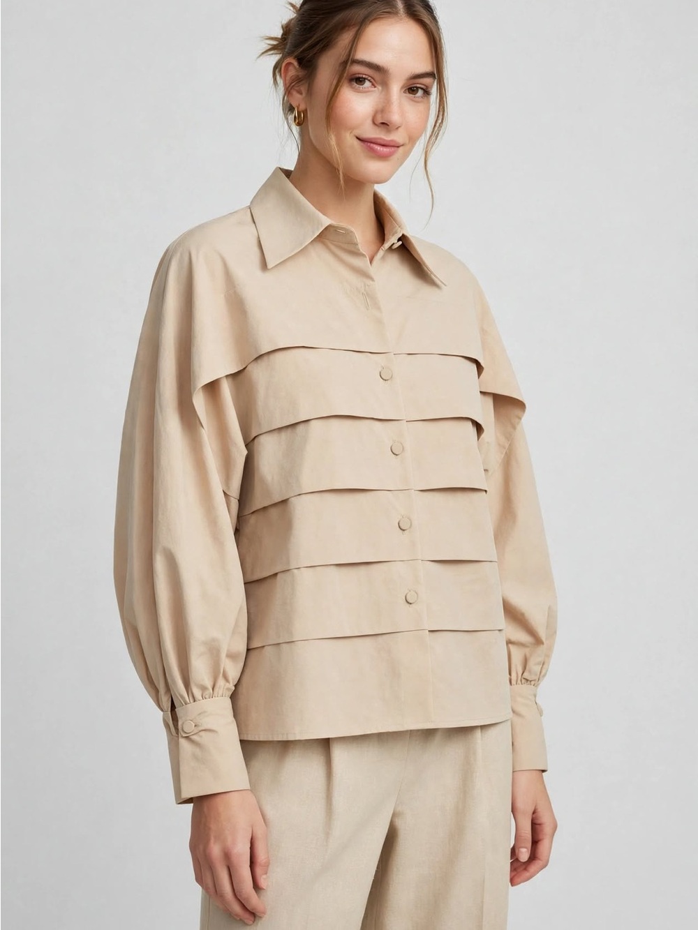 MADE BY DINT Tiered Balloon Sleeve Shirt – Beige – Size F (fits US M/